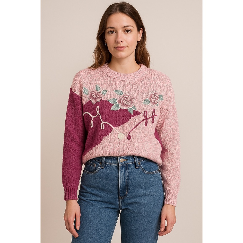 Vintage Hunters Glen Pink Textured Floral Embroidered Sweater Women's M‎ Cottage